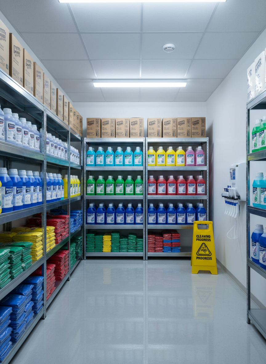 An immaculate storage room dedicated to cleaning and hygiene supplies, featuring neatly aligned five-litre commercial detergent drums in bold colour-coded labels, stacked cartons of paper towels, and rows of microfiber cloth bundles arranged by colour on metal shelving. The floor is smooth epoxy, subtly reflecting cool white fluorescent lighting from above. A yellow “cleaning in progress” floor sign stands near a wall-mounted chemical dilution station, adding a pop of colour. Photographic realism from an eye-level perspective with sharp focus throughout, conveying a sense of clinical cleanliness, safety, and preparedness that suits professional business environments such as cafes, offices, and hospitality venues.