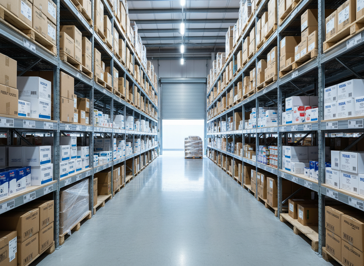 A wide stainless-steel warehouse aisle stacked neatly with uniform brown shipping cartons, white food-service packaging boxes, and clear wrapped pallets, each labeled with crisp barcoded stickers and bold category markings. The polished concrete floor reflects soft overhead LED lighting, creating clean highlights along the edges of the shelving. In the far background, a slightly blurred loading bay door is partially open, revealing diffused daylight. Photographic realism with an eye-level composition and deep depth of field, emphasizing order, scale, and reliability. The mood is professional and efficient, conveying a modern Australian wholesale distribution hub ready to supply businesses nationwide.